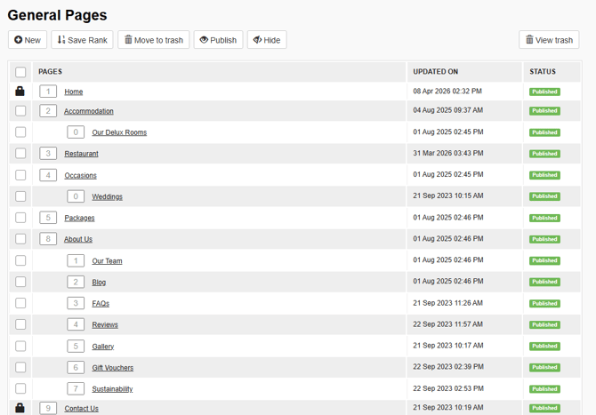 The General Pages menu within a CMS