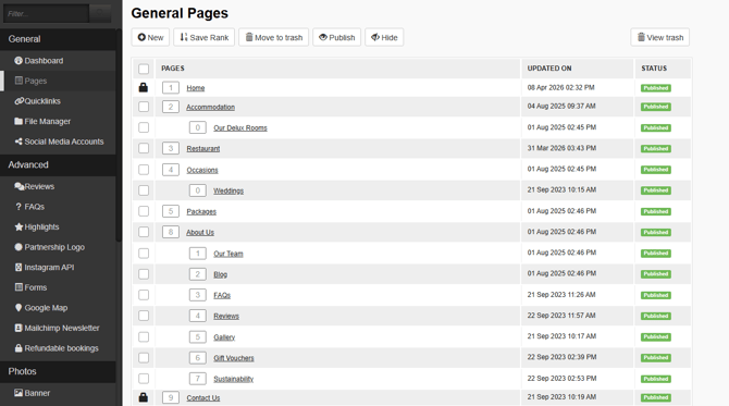 General Pages menu