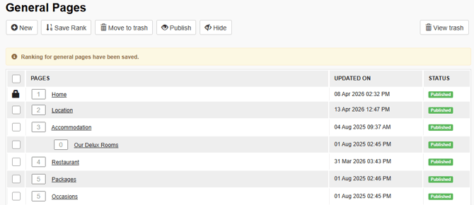 A success message within the General Pages menu showing that a rank has been set and saved