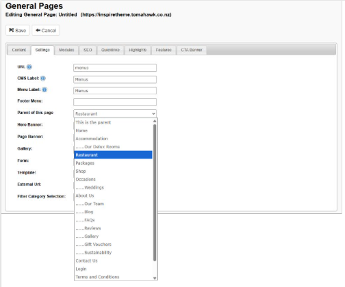Parent of the Page drop-down menu options within the Settings tab