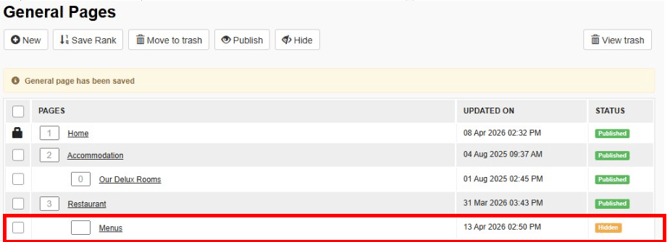 Creating a Child Page with the General Pages Menu