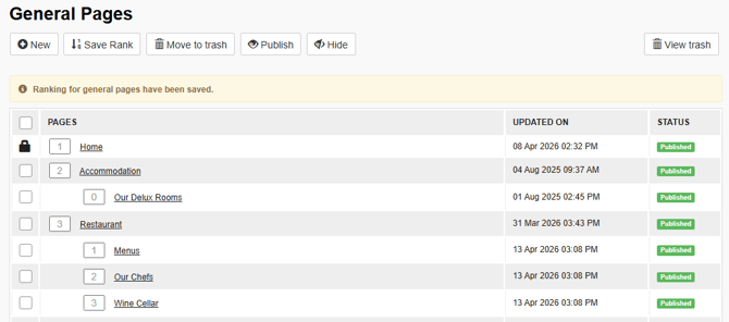 Setting the rank for Multiple Child Pages within the General Pages Menu