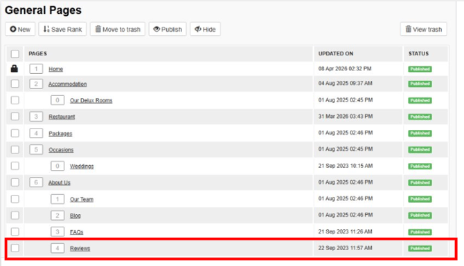 Selecting a Child Page from the CMS to move to a new Parent