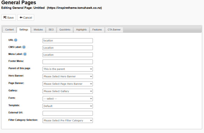 The Setting stab within a NetZone CMS