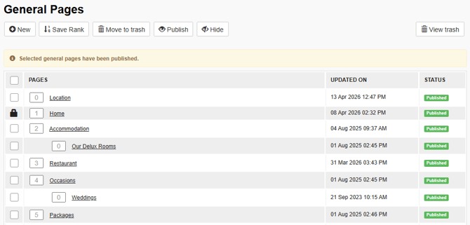 A success message in the General Pages menu showing that a page has been published
