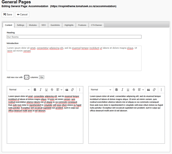 A General Page set with a two columns below the introduction