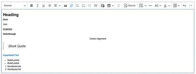 Formatting options within the Riche Text Editor of a General Page