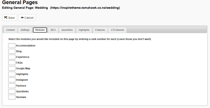 Example of the fields within the Modules tab within a General Page