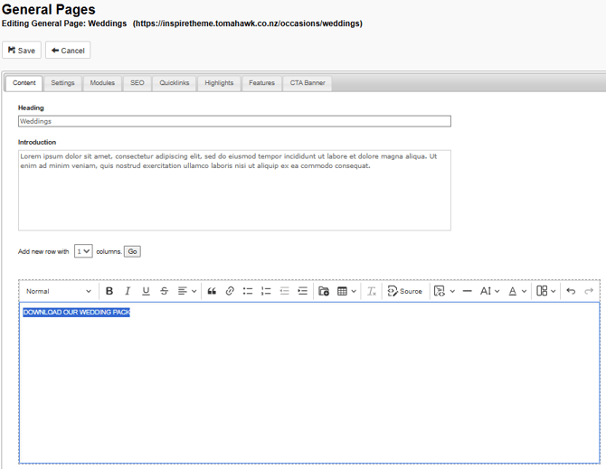 The Content tab of a General Page in the CMS