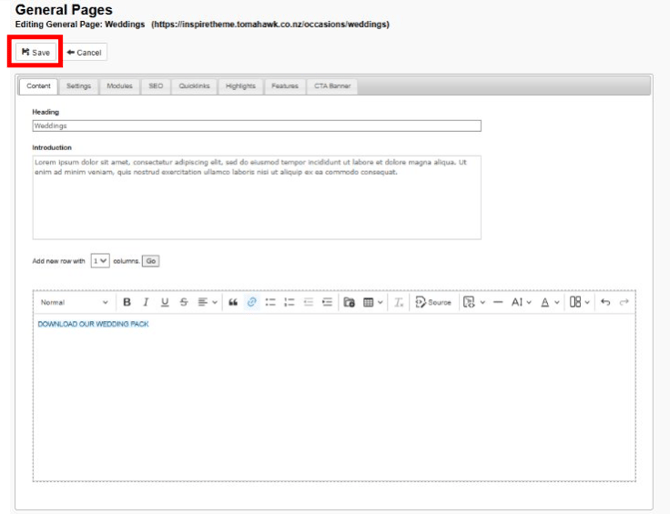 Hyperlinked text on a General Page