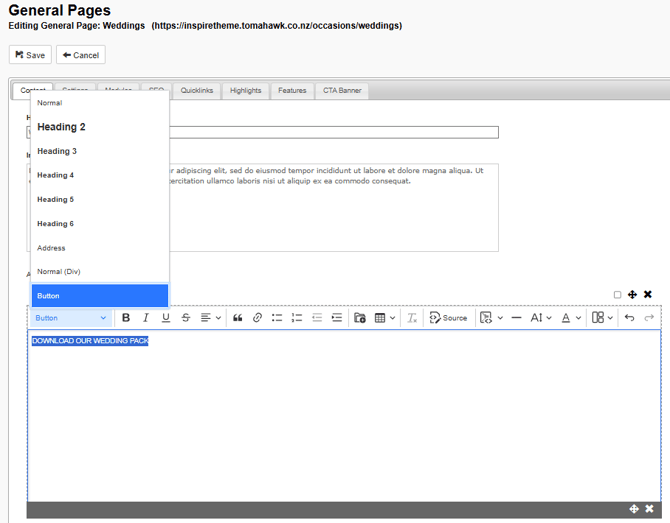 Highlight your text, and select the button option from the Heading menu
