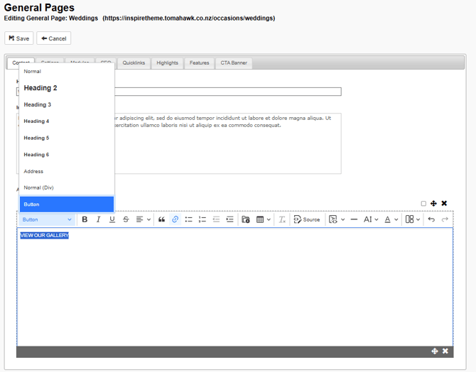 Select the Button option from the Heading menu