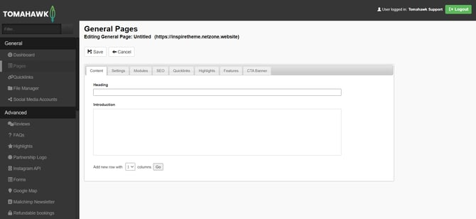 Content tab within a General Page