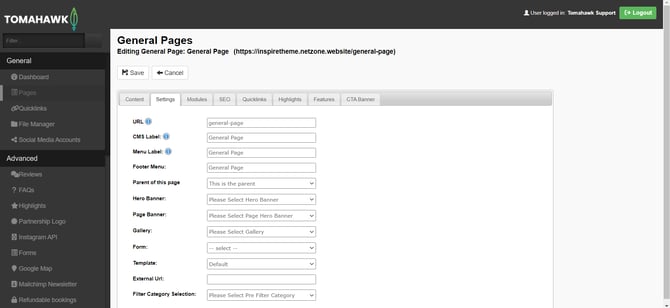 The Settings tab within a General Page