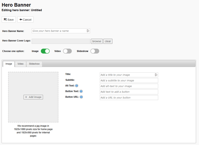 Hero Banner editing panel