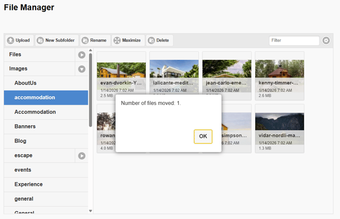 A file has been successfully moved to a new location within File Manager