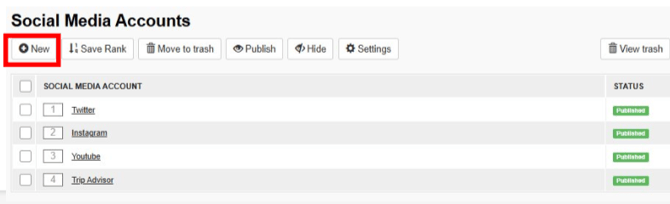 Social Media Accounts section of the CMS