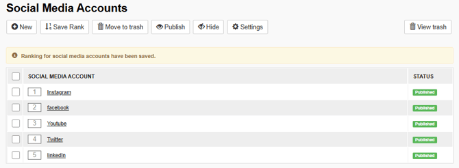 Update the display order of a social media account by updating the Rank