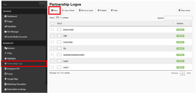 Partnership Logo menu within the CMS